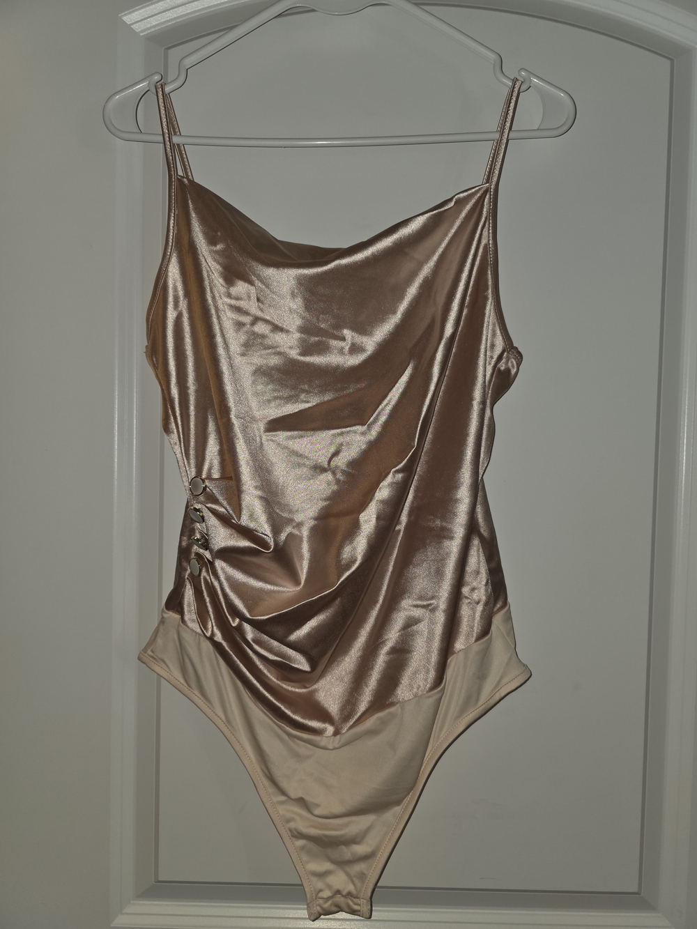 Satin Champagne Bodysuit With Side Button Detail - M